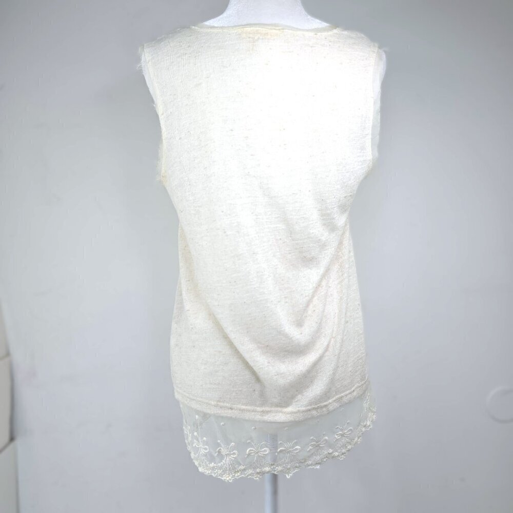Anthro A’reve Ivory Linen Lace Trim Rhinestone Embellished Sleeveless Tank Top - Picture 5 of 7